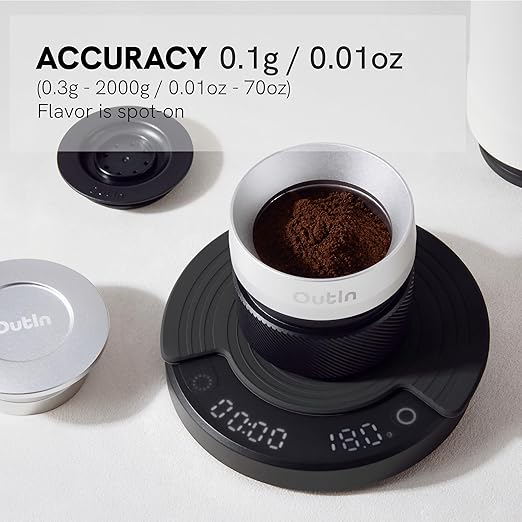 OutIn Claro Portable Coffee Scale, Espresso Scale 2kg/0.1g Accurate Measurement, Pour Over Coffee Scale Multiple Modes, Timer Function, Rechargeable, with Protective Bag