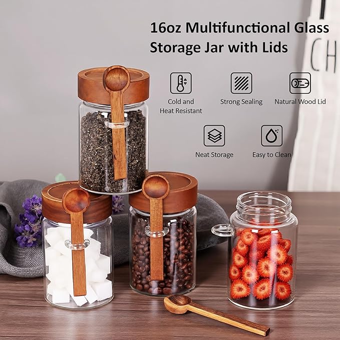 4 Pack 18 oz/550 ml Glass Storage Canister with Airtight Wooden Lid, Clear Small Decorative Container Jar with Spoon for Salad Overnight Oats Snacks Yogurt Cereal Fruit Spice Sugar Coffee