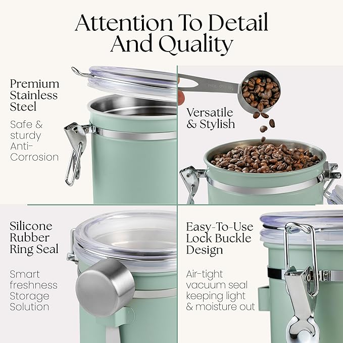 Mixpresso Green Coffee Canister, 16oz Airtight Stainless Steel Kitchen Food Storage Container with Clear Lid and Spoon. for Grounds Coffee, Beans, Tea, Flour, Cereal, Vacuum Sealed Sugar Container