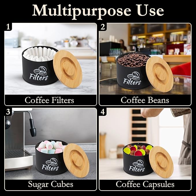 Coffee Filter Holder with Bamboo Lid – Filter Storage Organizer for Cone & Round Filters – Rustic Coffee Bar Container for Counter, Kitchen or Cafe Decor (Black).