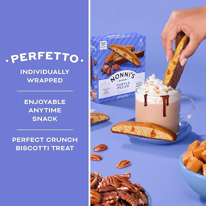 Nonni's Turtle Pecan Biscotti Italian Cookies - 3 Boxes Caramel Pecan Cookies Dipped in Milk Chocolate - Butter Pecan Biscotti Individually Wrapped Cookies - All Natural Ingredients - Kosher - 6.88 oz