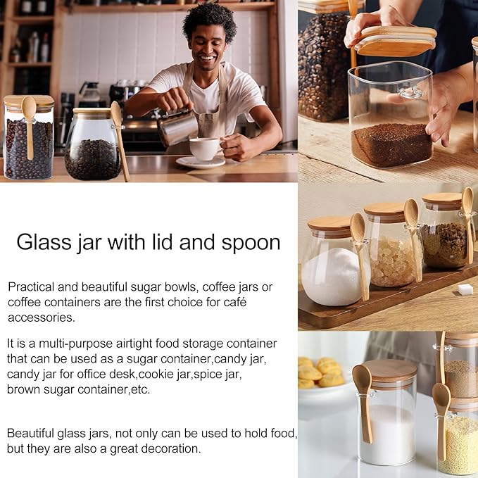 CNWSGEM Sugar Bowls Sugar Container 25.36 FL OZ Glass Coffee Canister Airtight Food Storage Jar with Lid and Spoon Candy Jar Coffee Bar Accessories Storage Beans Powder (Cylindrical)