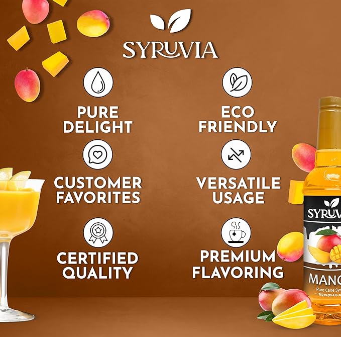 Syruvia Mango Syrup, Flavored Syrup for Drinks, Cocktails, Lemonades, Iced Teas, and Desserts – 25.4 fl oz, With Pump