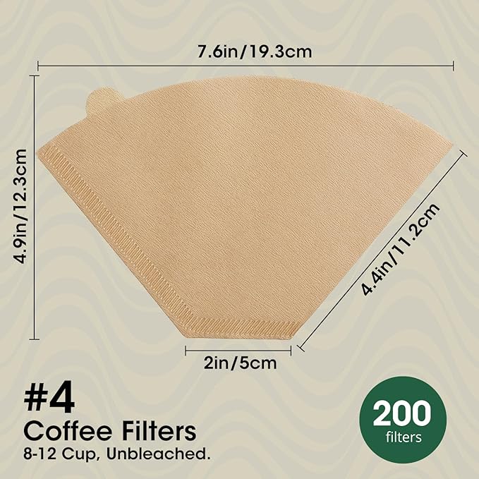 Coffee Filters #4, ONIOU Number 4 Cone Coffee Paper Filters 8-12 Cup Unbleached, 200 Count Natural Coffee Filters 4 Cone Paper for Ninja Cuisinart Coffee Makers