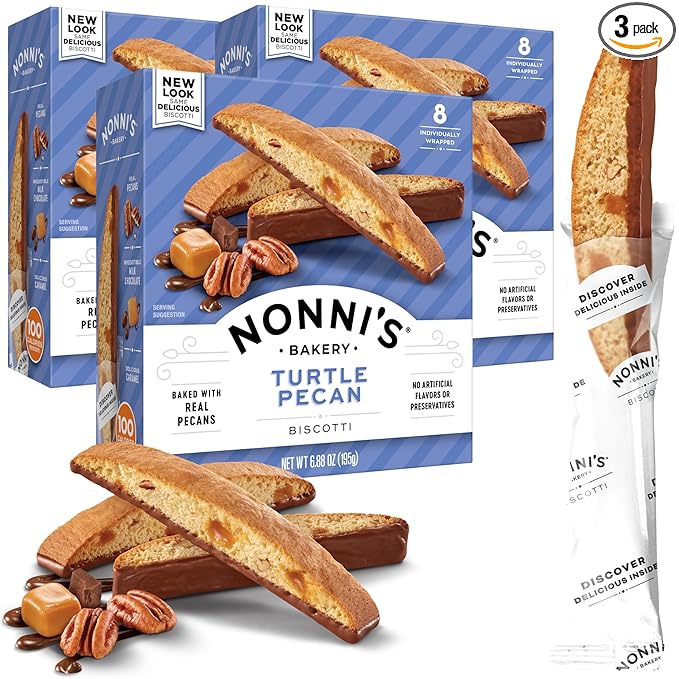 Nonni's Turtle Pecan Biscotti Italian Cookies - 3 Boxes Caramel Pecan Cookies Dipped in Milk Chocolate - Butter Pecan Biscotti Individually Wrapped Cookies - All Natural Ingredients - Kosher - 6.88 oz