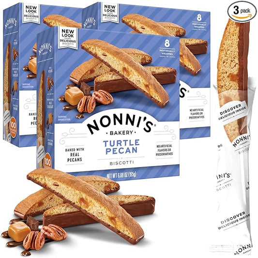 Nonni's Turtle Pecan Biscotti Italian Cookies - 3 Boxes Caramel Pecan Cookies Dipped in Milk Chocolate - Butter Pecan Biscotti Individually Wrapped Cookies - All Natural Ingredients - Kosher - 6.88 oz