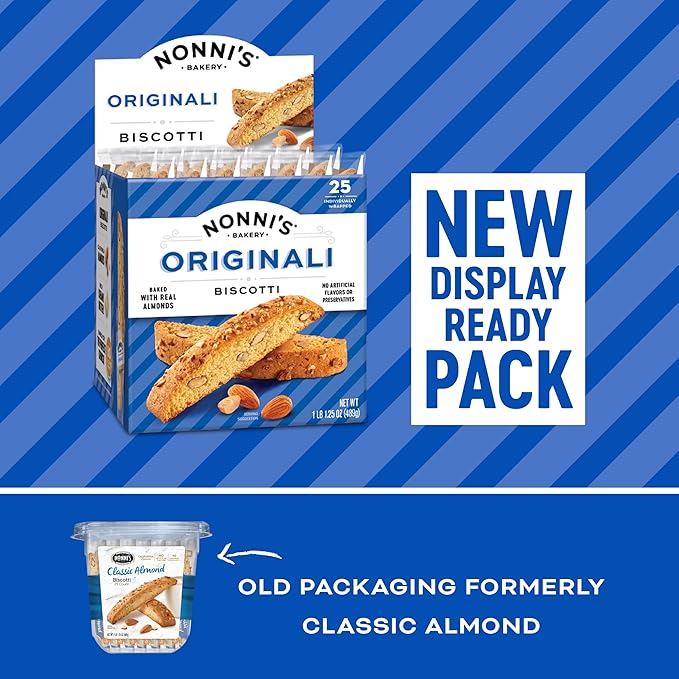Nonni's Originali Classic Almond Biscotti Cookies – Individually Wrapped Italian Coffee Snack, Crunchy Twice-Baked, 80 Cal Each, 17.25 oz Carton, 2 Pack