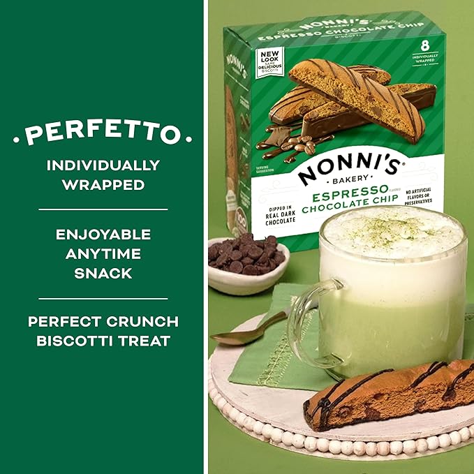 Nonni's Espresso Chocolate Chip Biscotti Cookies - 6 Boxes Espresso Coffee Cookies - Espresso Chocolate Chip Cookies w/Dark Chocolate - Italian Biscotti Individually Wrapped Cookies Kosher - 6.88 oz
