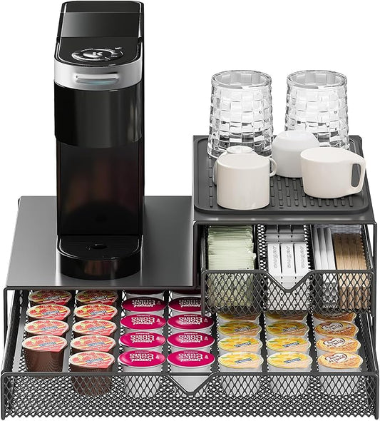 Coffee Maker Countertop Organizer,K Cup Pod Drawers,60 Coffee Capsule Pod Holder,Integrated Design Requires No Assembly.Slidng Storage Pod Baskets,Pod Stands,Silicone Drink Coasters