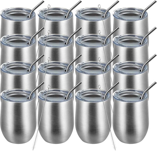 MEWAY 12oz Wine Tumbler 16 Pack Bulk Gifts for Women,Double Wall Vacuum Stainless Steel Travel Mug with Lid,Insulated Stemless Wine Cup Glass for Coffee,Cocktails,Drinks(Sliver,Set of 16)