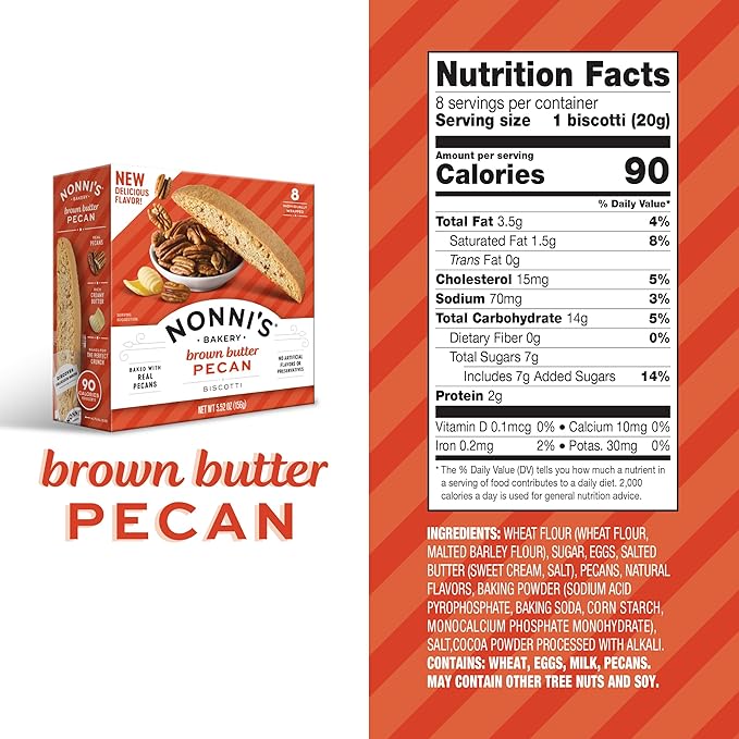 Nonni's Brown Butter Pecan Biscotti, Nutty Pecan Cookie with Rich Browned Butter Flavor, 8 Individually Wrapped Bakery Snacks, 5.52 oz, 6 Pack