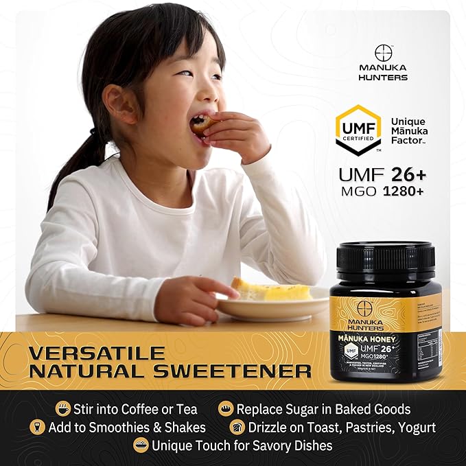 Manuka Hunters UMF 26+/MGO 1280+ Certified New Zealand Manuka Honey - 100% Pure Natural Sweetener - Gluten, Dairy Free - Ideal for Tea, Coffee, Smoothies, and Baking - Sustainable - 8.8oz/250g Jar