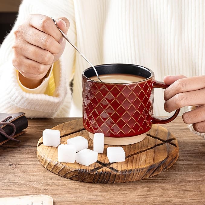 GBHOME 15OZ Stackable Coffee Mugs, Ceramic Coffee Cups with Texture Patterns for Man,Woman,Dad,Mom, Modern Coffee Mugs Set of 4 for Latte/Cappuccino/Cocoa. Dishwasher&Microwave Safe, Red