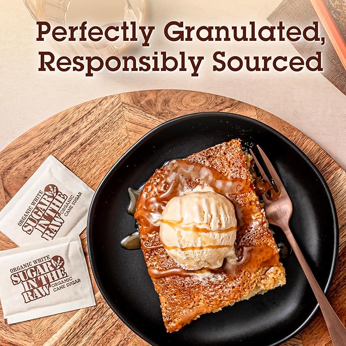 Sugar In The Raw Organic Granulated White Premium Cane Sugar, No Added Flavors or erythritol, Pure Natural Sweetener, Hot & Cold Drinks, Coffee, Tea Vegan, Gluten-Free, Non-GMO, Bulk Sugar, 250 ct packets (1-Pack)