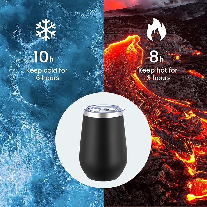 MEWAY 12oz/12 Pack Wine Tumbler Glasses with Lid - Stemless Double Wall Vacuum Stainless Steel Tumblers Keeping Cold & Hot for Wine - Family and Gifts, Ideal for Travel and Office(Black,Set of 12)