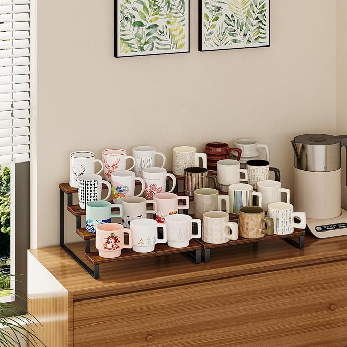 Giikin Set of 2 Wooden Display Stand Riser, 4 Tier Display Stand Perfume Organizer Stand Cupcake Stand Holder, Tiered Display Stand Risers Display Shelf for Home and Shop