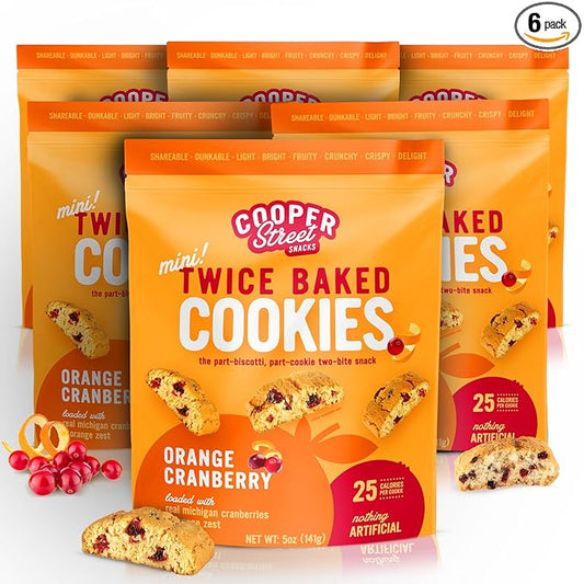 Cooper Street Twice Baked Orange Cranberry Biscotti Cookies - Crispy Mini Biscotti Cookies Ideal with Coffee - Traditional Low Calorie Italian Snacks - Kosher, Dairy, Peanut & Soy Free (6 Pack)