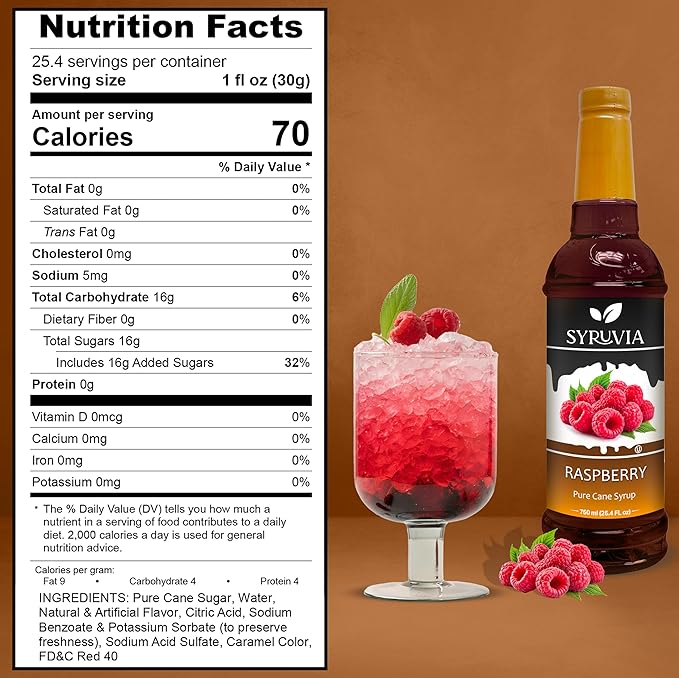 Syruvia Raspberry Syrup, Flavored Syrup for Drinks, Cocktails, Lemonades, Iced Teas, and Desserts – 25.4 fl oz, With Pump