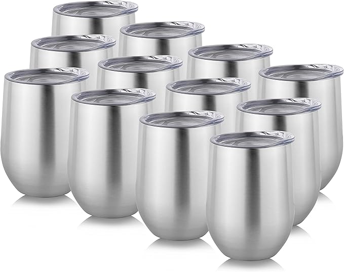 DOMICARE Stainless Steel Wine Tumbler Bulk with Lid, Personalized Insulated Tumblers Set, 12oz Travel Coffee Cups Pack of 12, Stainless steel
