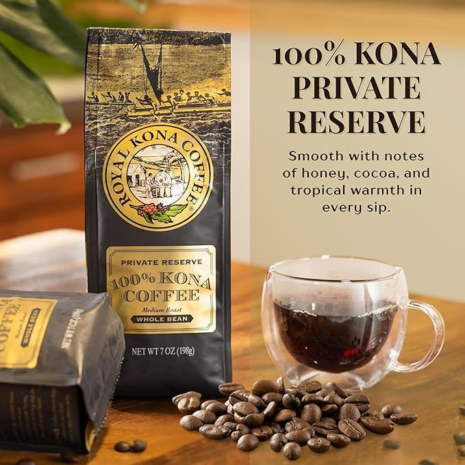 ROYAL KONA COFFEE Whole Bean - 100% Hawaiian Kona Coffee, Private Reserve, Medium Roast, (Pack of 2)