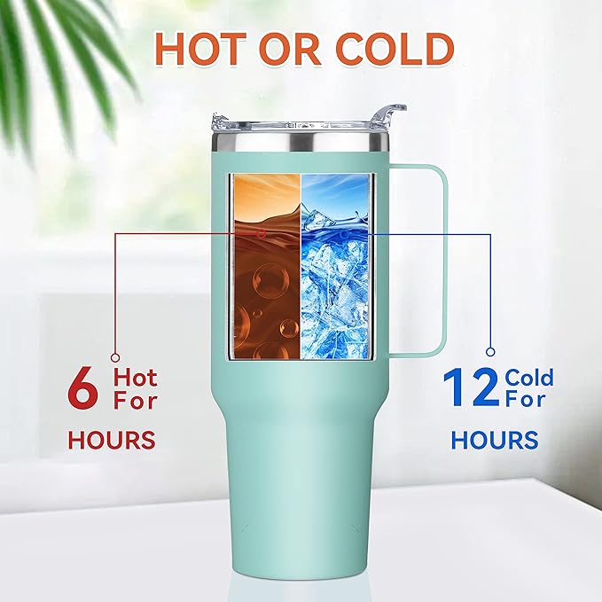 HASLE OUTFITTERS 40 oz Stainless Steel Tumbler with Handle, Vacuum Insulated Tumblers Bulk, Reusable Double Wall Travel Coffee Mug, Durable Powder Coated Water Bottles(Mint Green, 8)