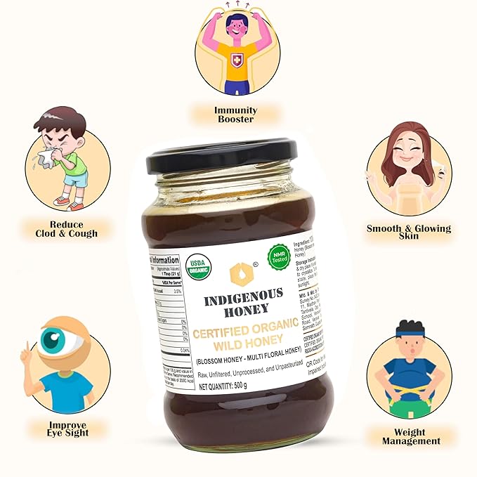 INDIGENOUS HONEY USDA Certified Organic Raw Unfiltered honey Pure Natural Wild Blossom Local from Beekeeper Unprocessed Real Glass Jar Pack of 1