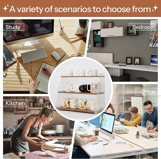 Coffee Mug Holder Wooden Cup Station Organizer 3 Tier Cup Holder for Coffee Bar Mug Display Rack for Countertop Mug Holder Shelf for Home Kitchen Trapezium-Nutbrown