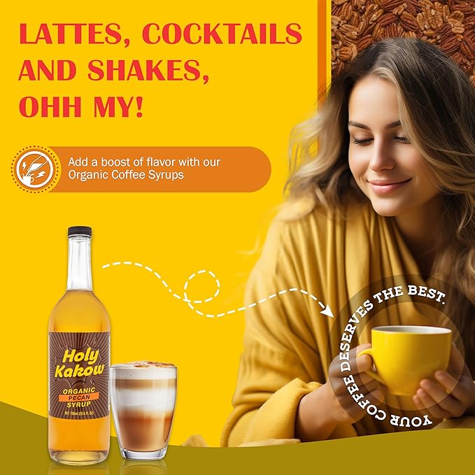 Holy Kakow Cafe Organic Pecan Syrup - Pecan Syrup, Coffee Syrup, Organic Syrup for Coffee, Pecan Syrup for Coffee, Add to Latte, Cocktail and Shake, Real Food Ingredients, Specific Flavor - 750ml