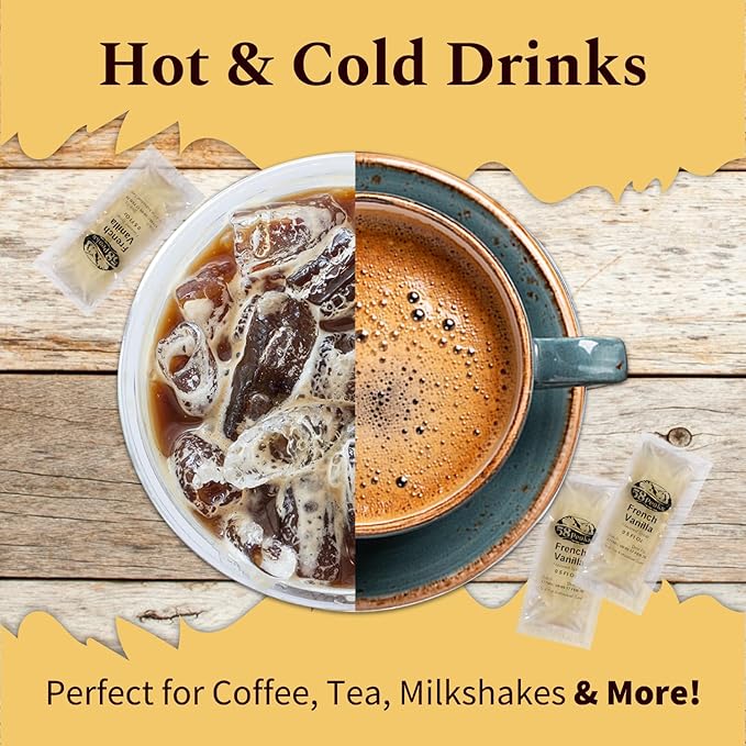 58Peaks French Vanilla Flavored Syrup Sweetener Packets for Hot and Cold Drinks | To-Go Syrup Flavoring Perfect for Coffee, Tea, Milkshake and More | Flavored Coffee Syrups for Travel | 15mL | 50-Pack