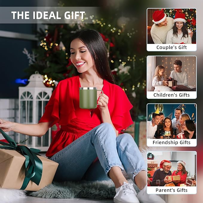 Volhoply 14oz Insulated Stainless Steel Coffee Mug with Lid Bulk 4 Pack,Double Wall Vacuum Travel Coffee Cup with Handle,Reusable Cups Tumbler,Camping Mugs Keep Hot,Ideal Gifts(Army Green,4)