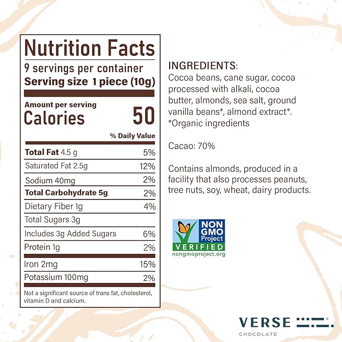 Verse 70% Dark Chocolate with Almonds - Only 3g Cane Sugar - Crunchy Salted Almond - Individually Wrapped Dark Cocoa Bar Chocolates (9 Count, 2 Pack)