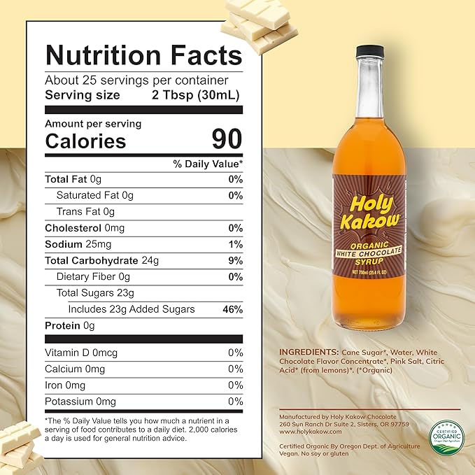 Holy Kakow Organic White Chocolate Syrup - Coffee Syrup, White Mocha Syrup, Organic Syrup for Coffee, White Chocolate Mocha Syrup, Coffee Flavoring Syrup, Add to Latte, Cocktail or Shake - 750ml