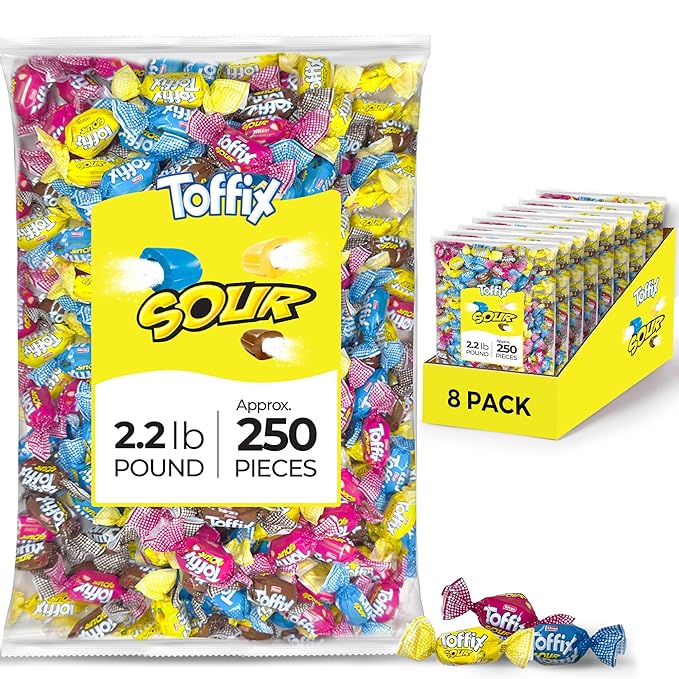 Toffix Sour Chews, Center-Filled Soft Chewy Candy, 250 Pieces of Individually Wrapped Snacks for Kids & Adult, Strawberry, Blueberry, Lemon & Cola Flavored Chewy Candies - 2 Pound Bulk Bag - Pack of 8