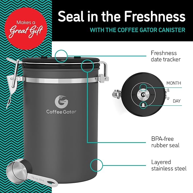 Coffee Gator Coffee Canister, 22oz Airtight Stainless Steel Kitchen Food Storage Container with Date-Tracker, CO2-Release Valve and Scoop for Beans, Grounds, Sugar, Cookies Jars, Tea, Cereal - Gray