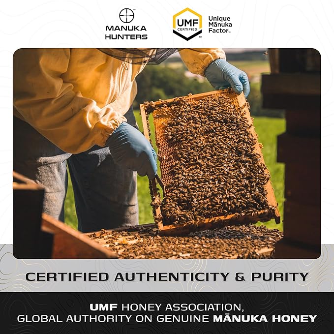 Manuka Hunters UMF 24+/MGO 1120+ Certified New Zealand Manuka Honey - 100% Pure Natural Sweetener - Gluten, Dairy Free - Ideal for Tea, Coffee, Smoothies, and Baking - Sustainable - 8.8oz/250g Jar