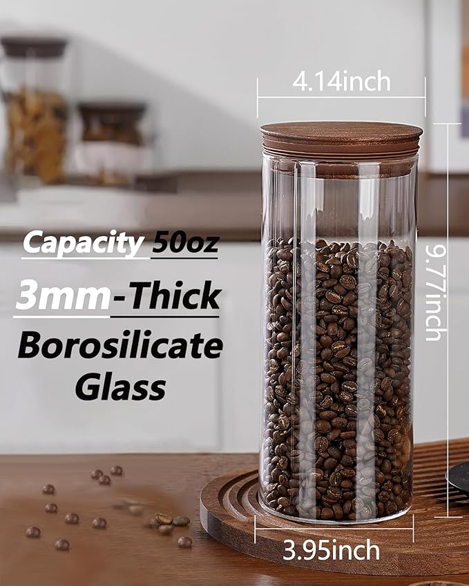 2PCS of 50floz Round Coffee Canister with Wooden Lids, Airtight Glass Coffee Jars for Ground Coffee, Coffee Beans Storage Container