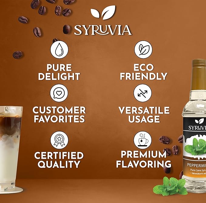 Syruvia Peppermint Syrup for Coffee, Flavored Syrup for Drinks, Lattes, and Desserts – 25.4 fl oz, With Pump