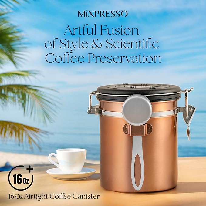Mixpresso 16 Oz Copper Coffee Canister, Stainless Steel Airtight Coffee Container, Ground and Bean Storage with Date Tracker, Vacuum Sealed Espresso Airtight Container, Sugar Container