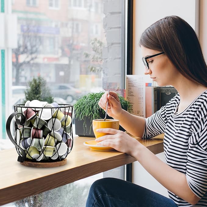 Rustic Metal K-Cup Coffee Pod Holder Mug - Large Wire Basket with Wooden Base for Countertop Coffee Storage - Farmhouse Decor for Home & Office (Rustic Brown-Round)