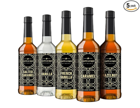Café Le Rou Coffee Syrup Variety 5-Pack- 25.4 oz Vanilla, French Vanilla, Caramel, Salted Caramel, Hazelnut Coffee Flavoring Syrup for Coffee, Tea and Espresso