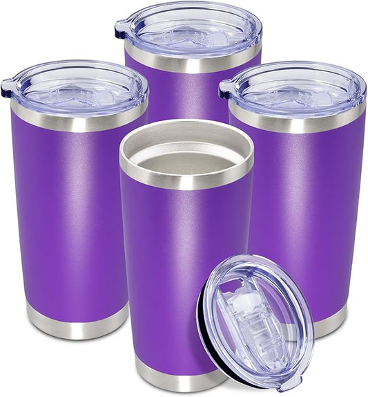 20 oz Tumbler Coffee Travel Tumblers Bulk with Lid Stainless Steel Double Wall Vacuum Insulated Mug Powder Coated Cups fit Car Cupholder for Hot and Cold - Purple, 4Pack