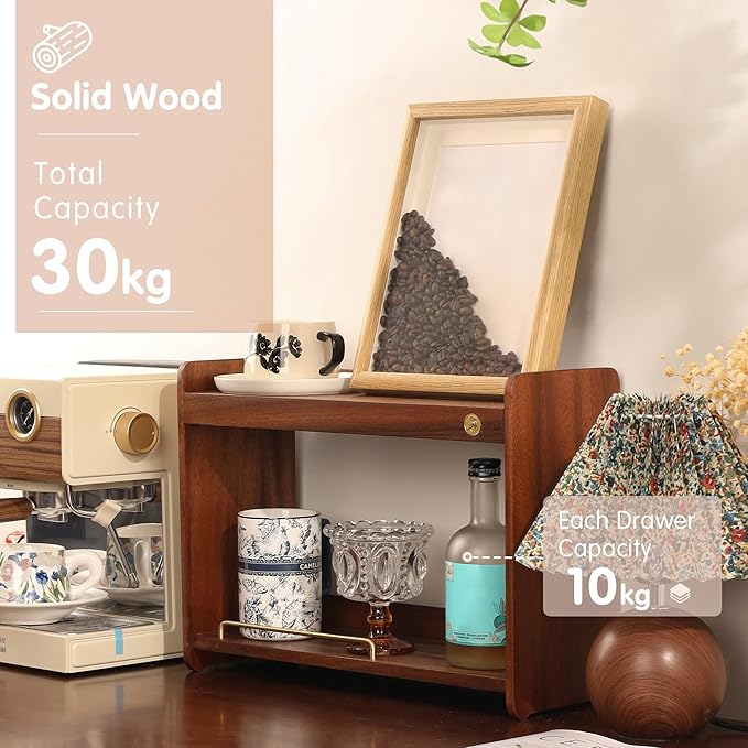 Coffee Mug Holder Wooden Cup Rack Mug Display Shelf Coffee Cup Holder for Countertop With 4 Mug Cups 2 Tier Wood Coffee Mugs Holder for Kitchen Coffee Cup Storage