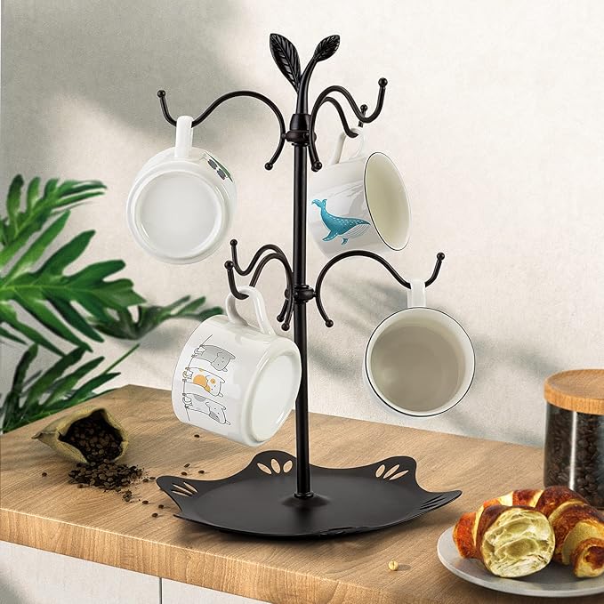 Coffee Mug Holder for Large Mugs, Mug Tree for Counter, Cup Holder for Countertop, Mug Rack with Tray, Metal Mug Tree with 6 Hooks, Coffee Counter Bar Accessory & Kitchen Home Organizer