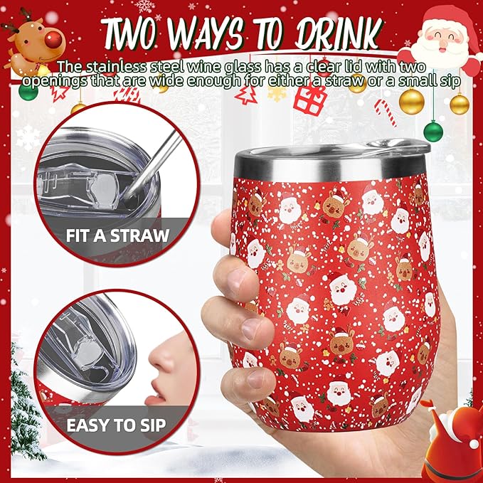 Christmas Wine Tumbler 12 oz Stainless Steel Wine Tumble Insulated Wine Tumbler with Lid Christmas Wine Glass Gifts with Straw and Brushes for Women Men Xmas Wedding Party (Red)