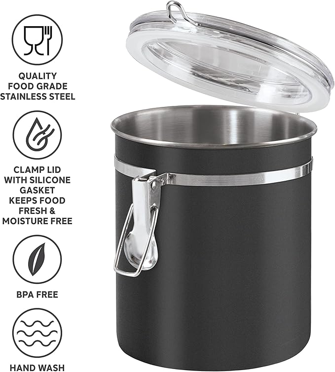 Oggi Stainless Steel Kitchen Canister 36 fl oz, Black - Airtight Clamp Lid, Clear See-Thru Top - Ideal for Kitchen Storage, Food Storage, Pantry Storage. Size 5" x 4.75".