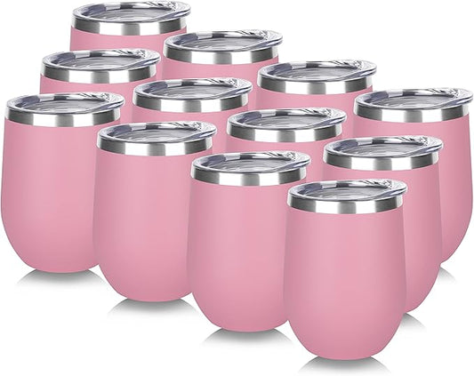 DOMICARE Stainless Steel Wine Tumbler Bulk with Lid, Personalized Insulated Tumblers Set, 12oz Travel Coffee Cups Pack of 12, Pink
