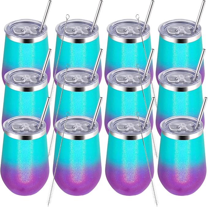 MEWAY 12oz Insulated Wine Tumbler Set of 12 - Double Wall Stainless Steel Stemless Wine cups Glasses with Lids, Gift for Family and Gifts, Prizes for adults(Glitter Aurora,Set of 12)