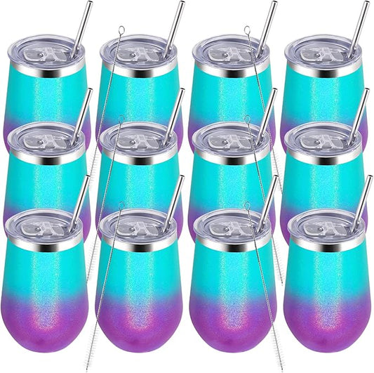 MEWAY 12oz Insulated Wine Tumbler Set of 12 - Double Wall Stainless Steel Stemless Wine cups Glasses with Lids, Gift for Family and Gifts, Prizes for adults(Glitter Aurora,Set of 12)