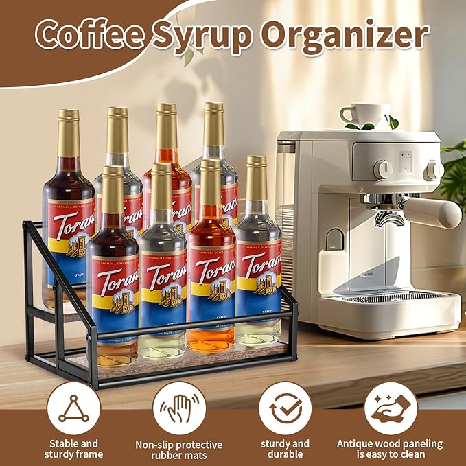 Coffee Syrup Organizer, 2-Tier 8 Bottles Coffee Syrup Rack for Coffee Bar, Coffee Syrup Stand for kitchen coffee station, Coffee Syrup Holder for Syrup, Wine, Dressing
