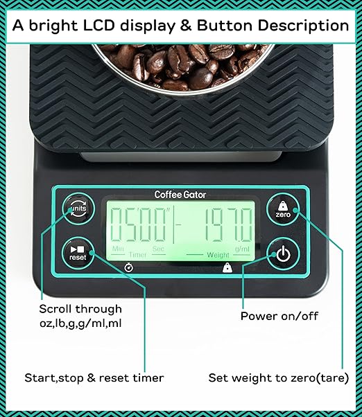 Coffee Gator Coffee Scale 0.1g Precision with Timer - 3kg Digital Scale ﻿Large LCD Weighing Kitchen Multifunctional for Pour-Over, Espresso, French Press, Bean, Food, Drink